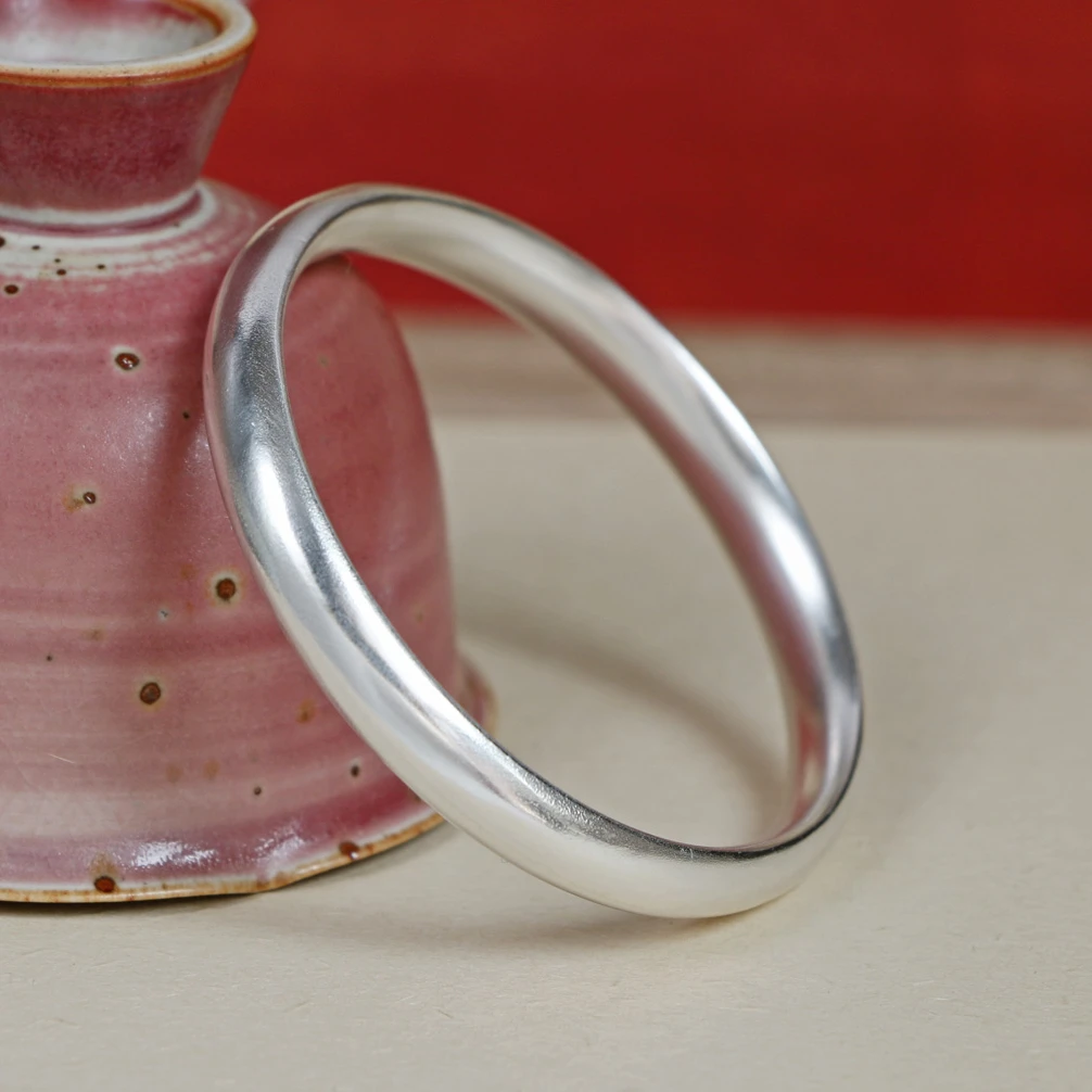 足银手镯 双鼓光面银手镯光面女款999纯银手镯泥鳅背实心手工素圈