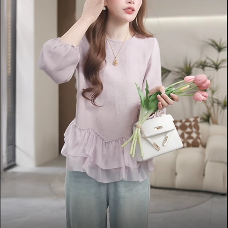 2025春季新款纯色拼接荷叶边减龄洋气上衣潮温柔风气质T恤女8679