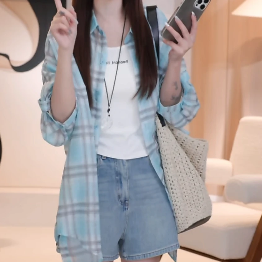 设计感2025夏季新款慵懒风防晒格子衬衫外套+内搭吊带背心两件套