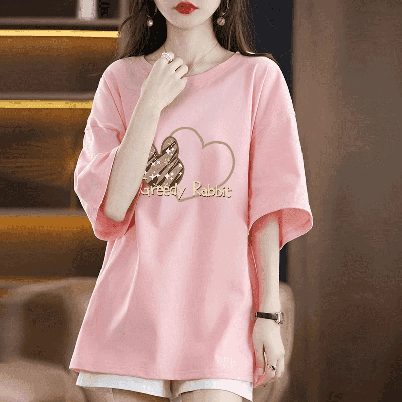 重磅纯棉短袖慵懒风t恤女夏季新款大码中长款宽松显瘦半袖上衣服