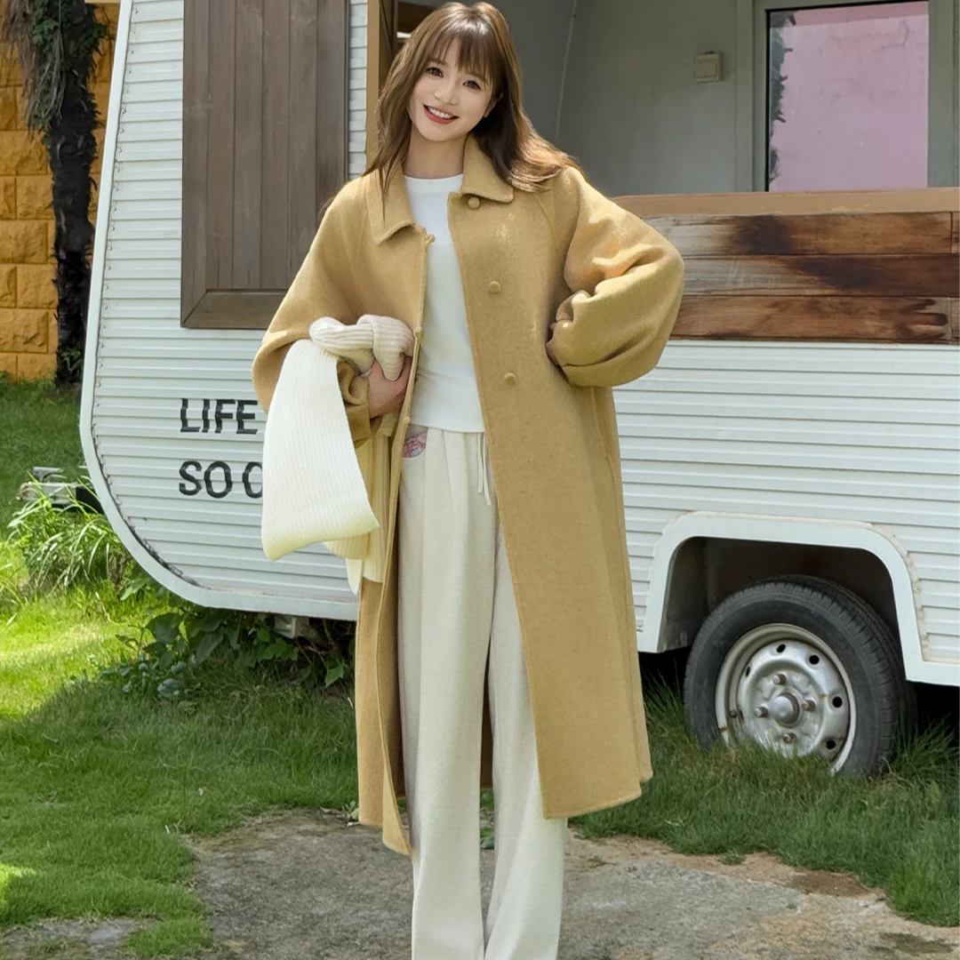 秋冬保暖流行韩系时尚气质网红翻领长款羊毛大衣冬季 0915