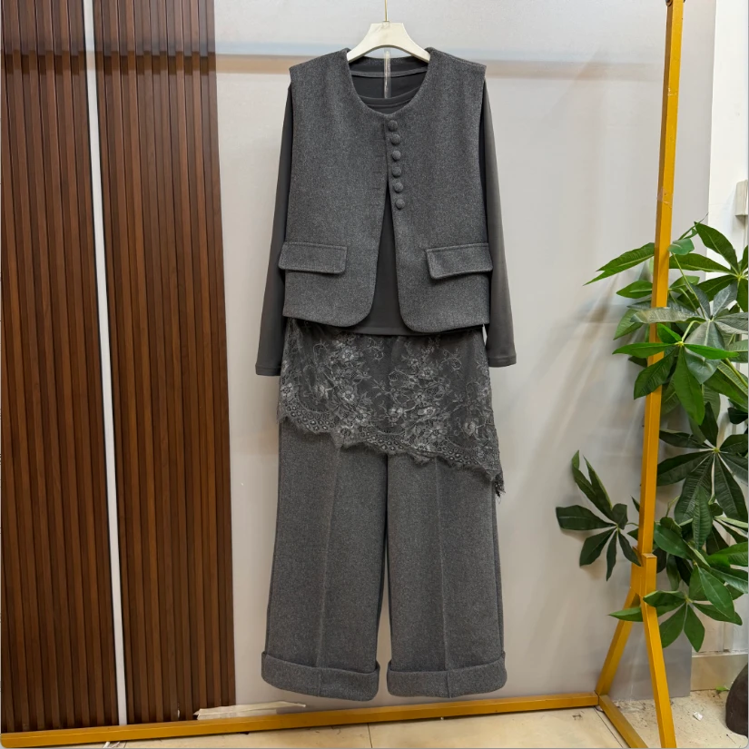 新款大码女装欧货时尚气质马甲蕾丝拼接打底衫阔腿裤三件套套装