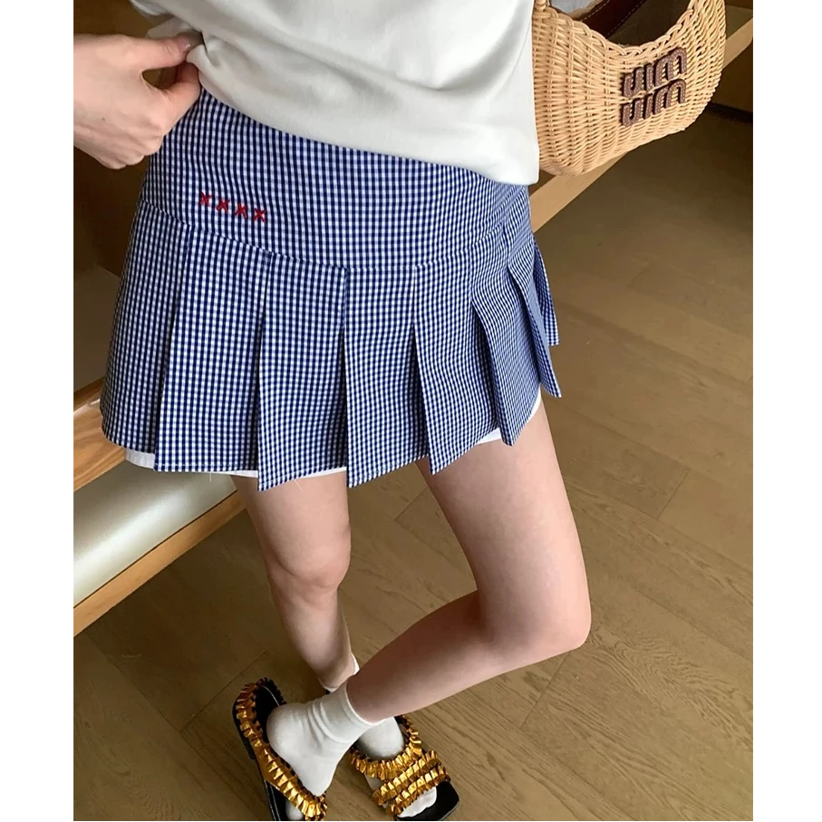 【miu系少女】蓝白格子百褶半身短裙夏季韩系辣妹百搭a字裙显瘦