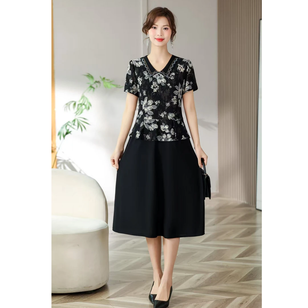 2025夏装新款妈妈装假两件洋气连衣裙遮肉显瘦减龄显气质1B89