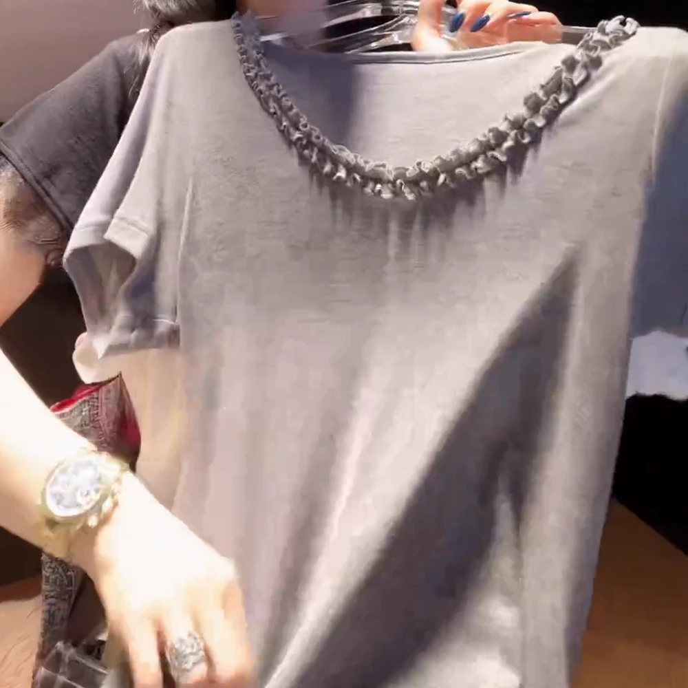 天丝羊毛捏褶木耳花边U领短袖T恤