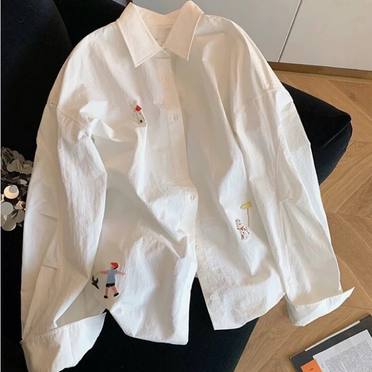 【万针刺绣】正肩纯棉白色衬衫女上衣内搭叠穿polo领百搭打底衬衣潮