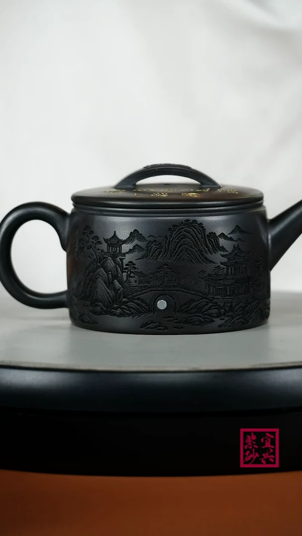 茶壶紫砂s级石黄高山流水刻绘汉瓦250cc