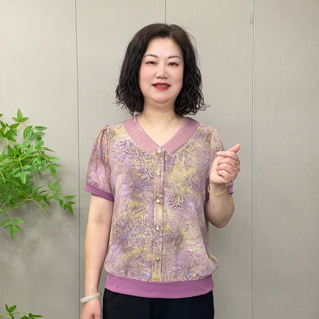 2025夏季中老年新款短袖气质时尚百搭女士宽松遮肚显瘦妈妈装