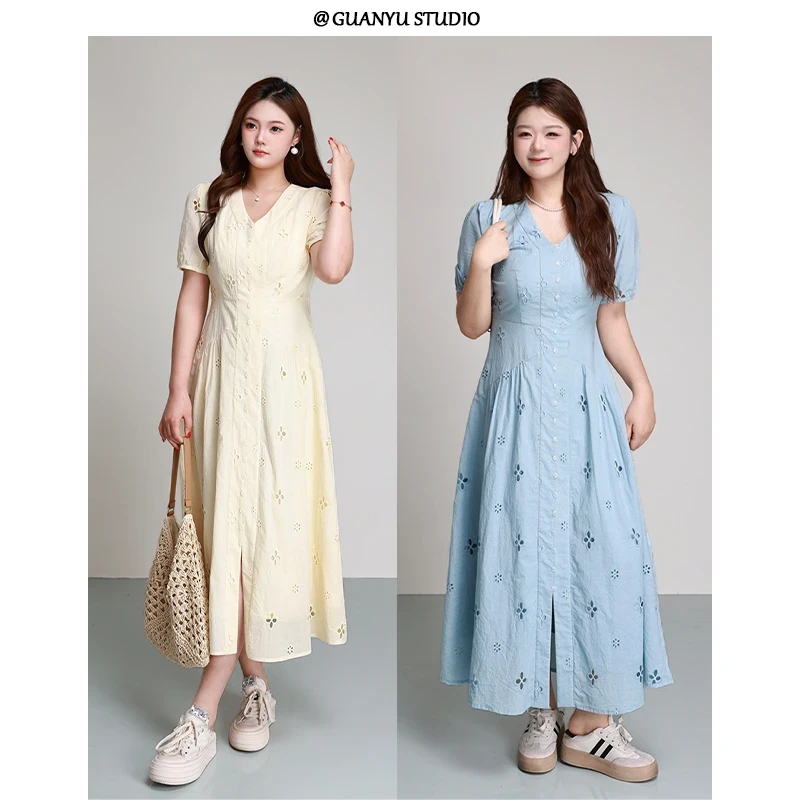大码女装法式温柔风V领连衣裙夏季微胖mm收腰显瘦镂空设计感长裙