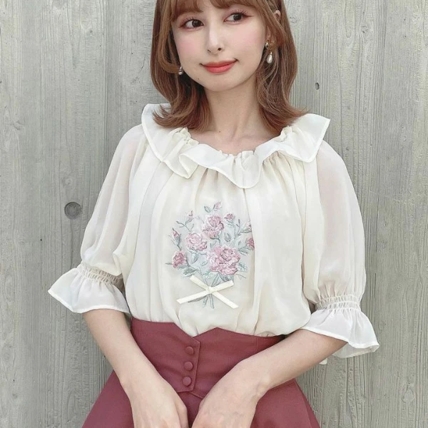 【FaFa】日系 FN 花朵刺绣 蝴蝶结2way露肩衬衫FA506-048