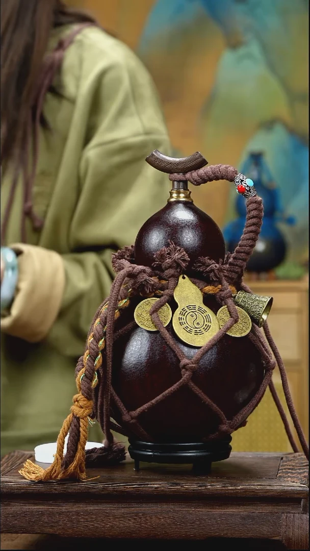 YM061复古网兜款天然酒葫芦（一物一拍）+原色小手捏