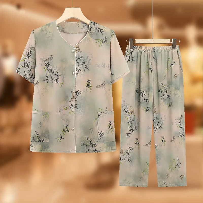 中老年人休闲时尚衬衫妈妈装夏季薄款奶奶短袖套装老人上衣服太太