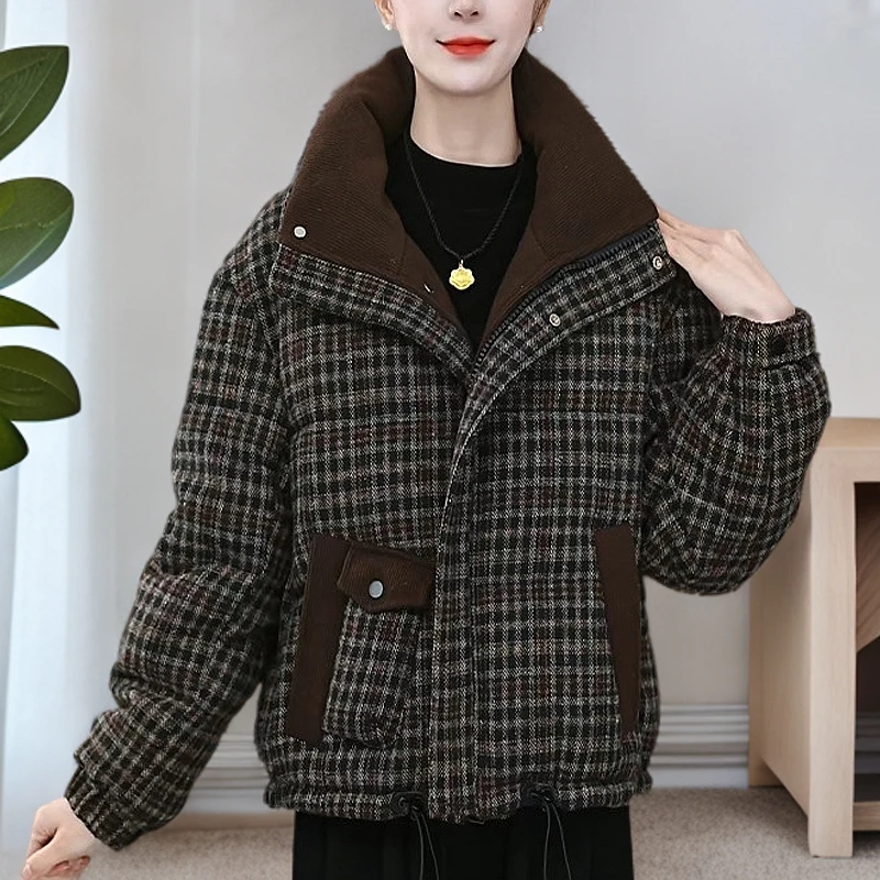 韩版宽松显瘦保暖棉服女2024年冬季新款时尚休闲百搭格子棉衣外套