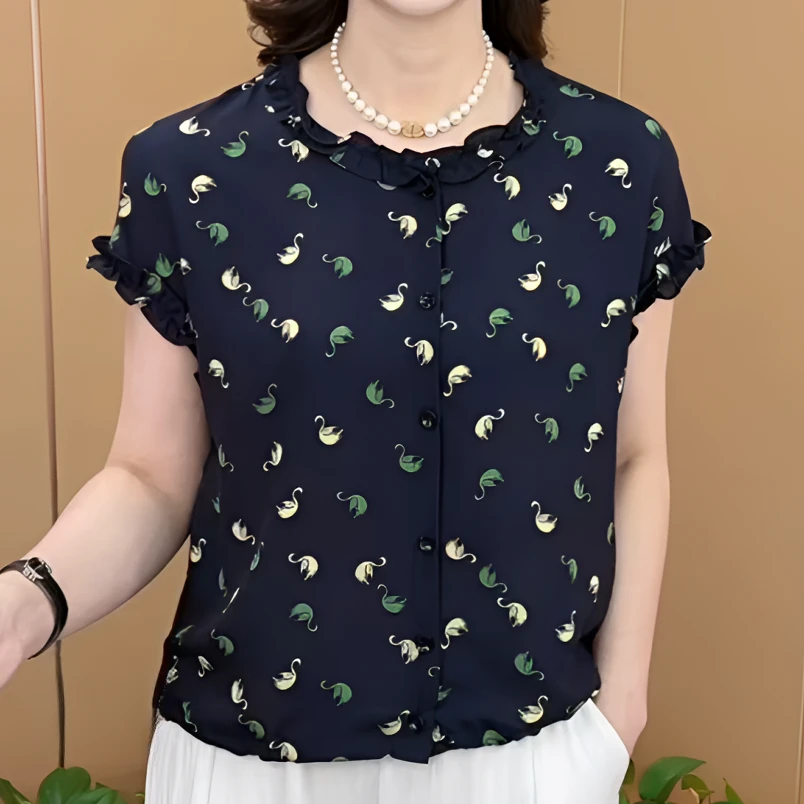 【无抽绳】圆领花边设计洋气妈妈装气质百搭休闲短袖套头衫上衣天鹅