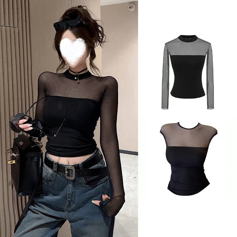 艺等YIDENG 2025秋冬新款网纱拼接圆领长袖显瘦性感带胸垫辣妹T恤