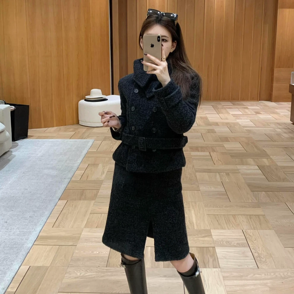 名媛贵气感韩版毛呢套装女秋冬款双排扣收腰系带短外套半裙两件套