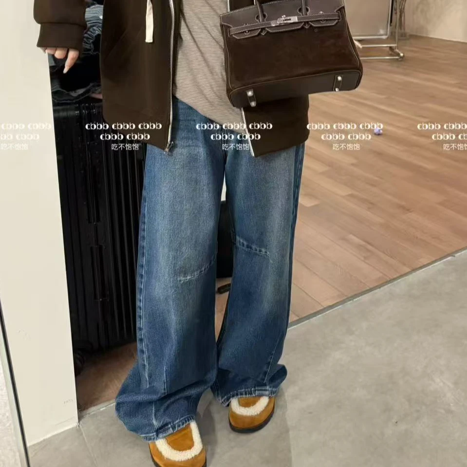 【吃不饱饱】大码 拼接艺术 美式复古拼接牛仔蓝阔腿牛仔裤10917