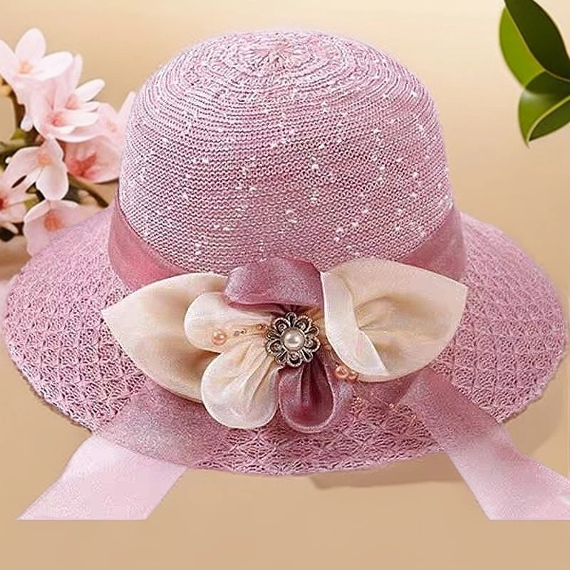 草帽小帽檐遮阳帽薄款帽子女款夏天沙滩帽防晒透气设计花朵蝴蝶结