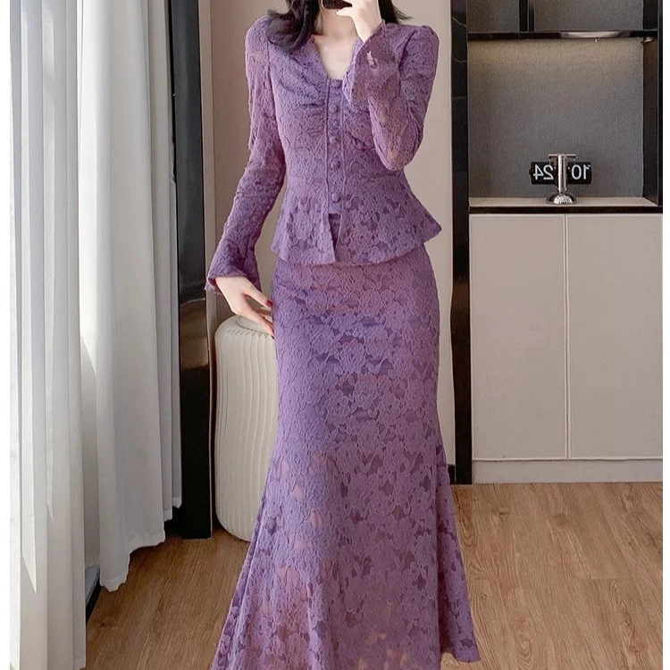 2025早春季新款V领喇叭袖时尚上衣鱼尾半身裙时髦两件套套装减龄