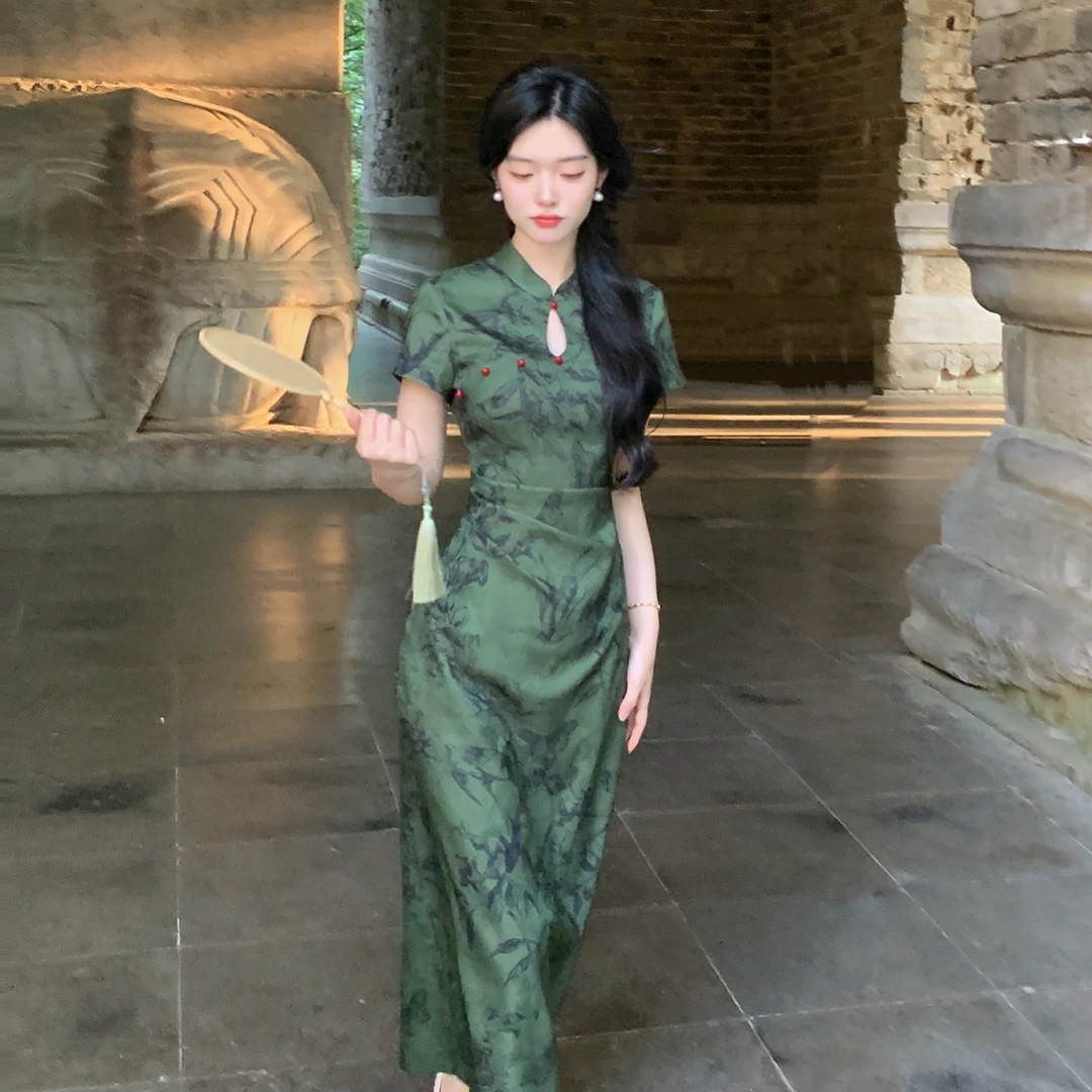 Blovelan远山黛 复古绿质感提花新中式高级感收腰显瘦短袖旗袍