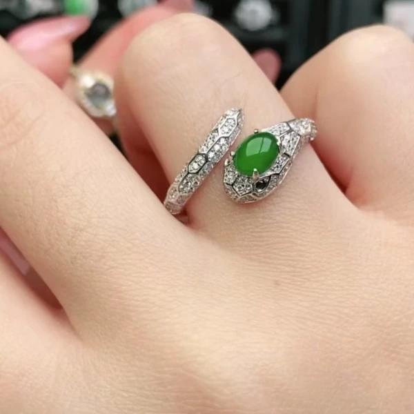 鑫辰珠宝天然A货翡翠银镶嵌设计款开口女戒指时尚百搭