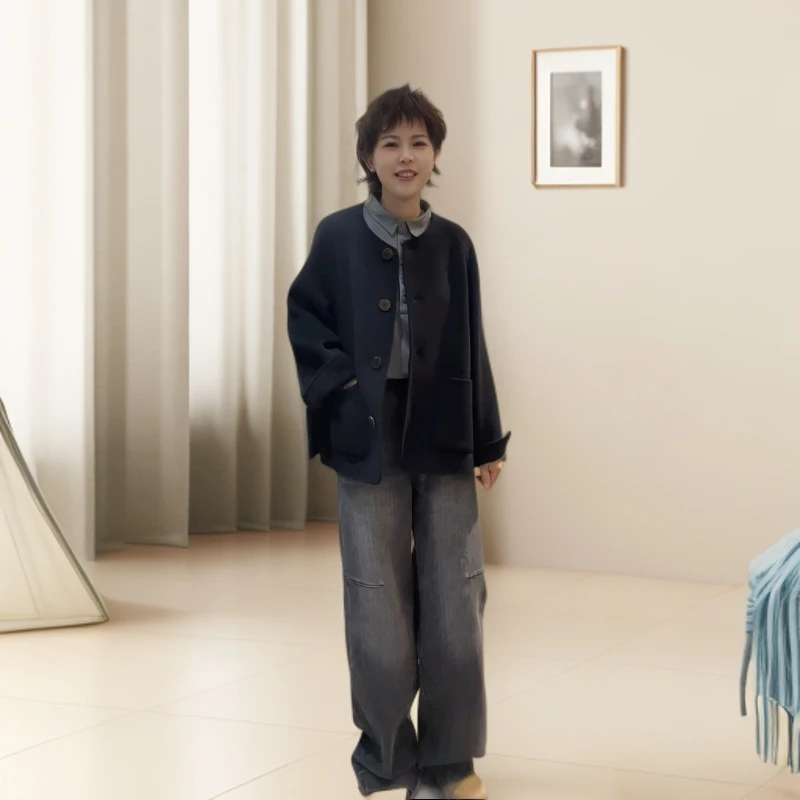 时尚百搭宽松小香风双面羊毛纯色短款