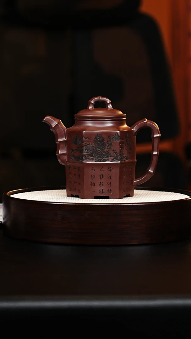 宜兴紫砂 六方竹节 石红