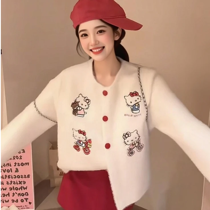 韩系甜美穿搭卡通Kitty猫针织开衫女2025秋新款慵懒软糯针织上衣