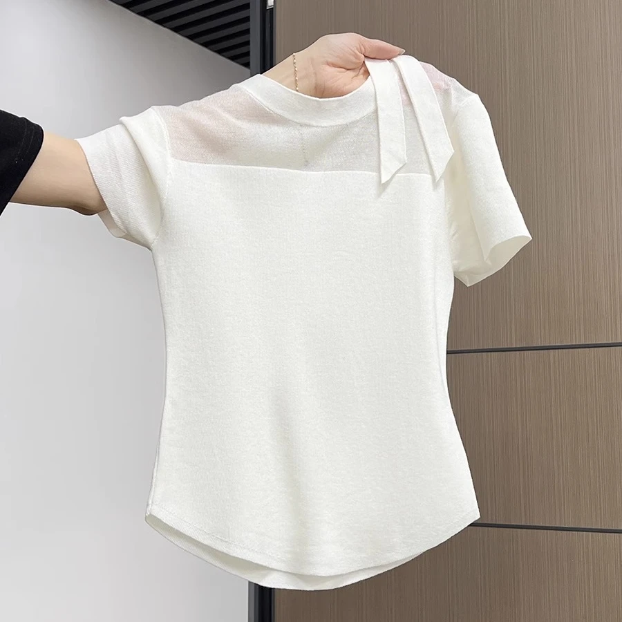 网纱正肩纯棉短袖t恤女夏修身内搭2025年新款设计感白色打底上衣