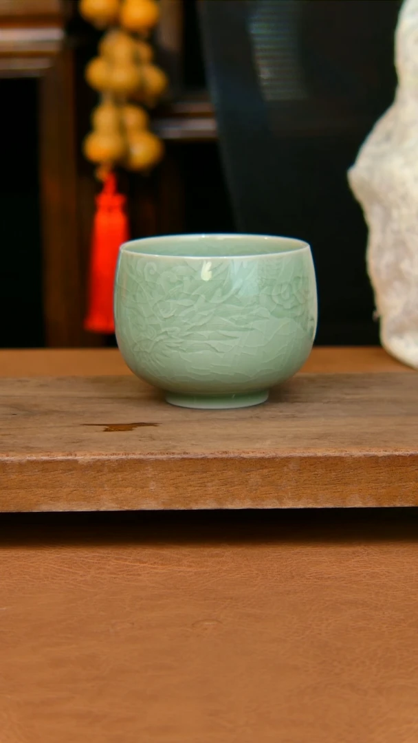 瓷片龙杯豆绿全手工原矿不完美