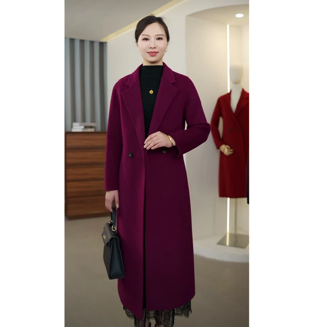 2025秋冬新款高贵气质大衣简约显瘦长款西装领双面短毛羊毛大衣心