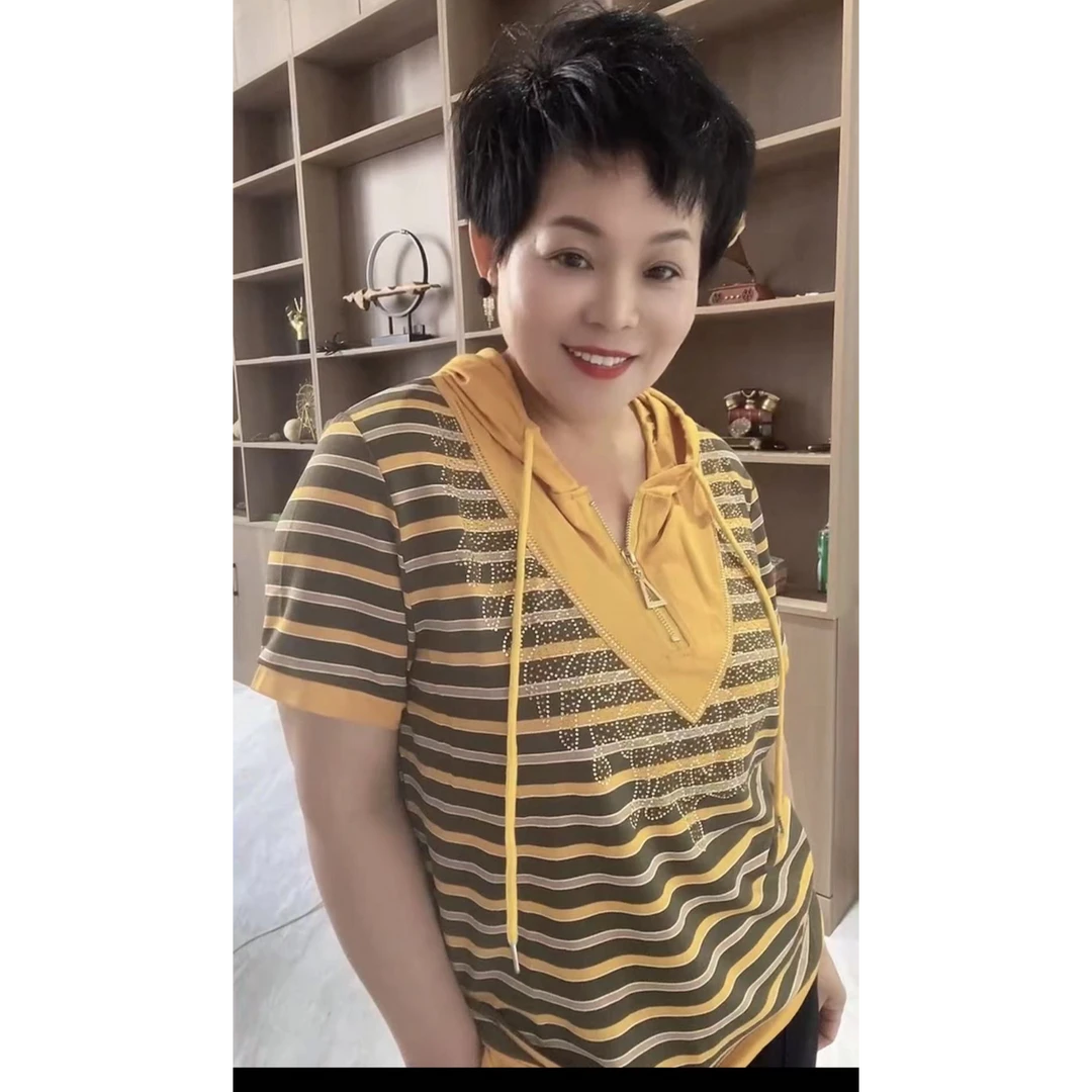 夏季条纹宽松帽衫6968