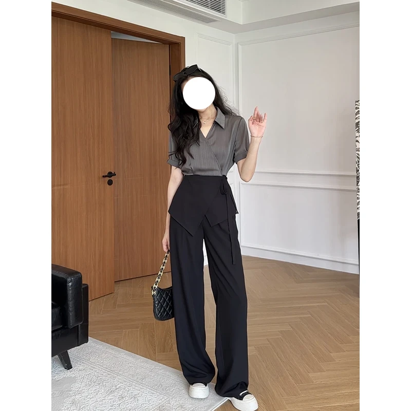 张啊星黑灰高级撞色收腰衬衫显瘦直筒裤套装