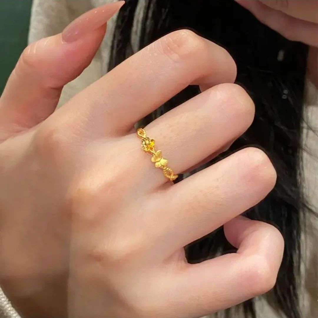 瑞诺黄金蝴蝶小花戒指女足金999交织花蝶时尚指环七夕礼物送女友
