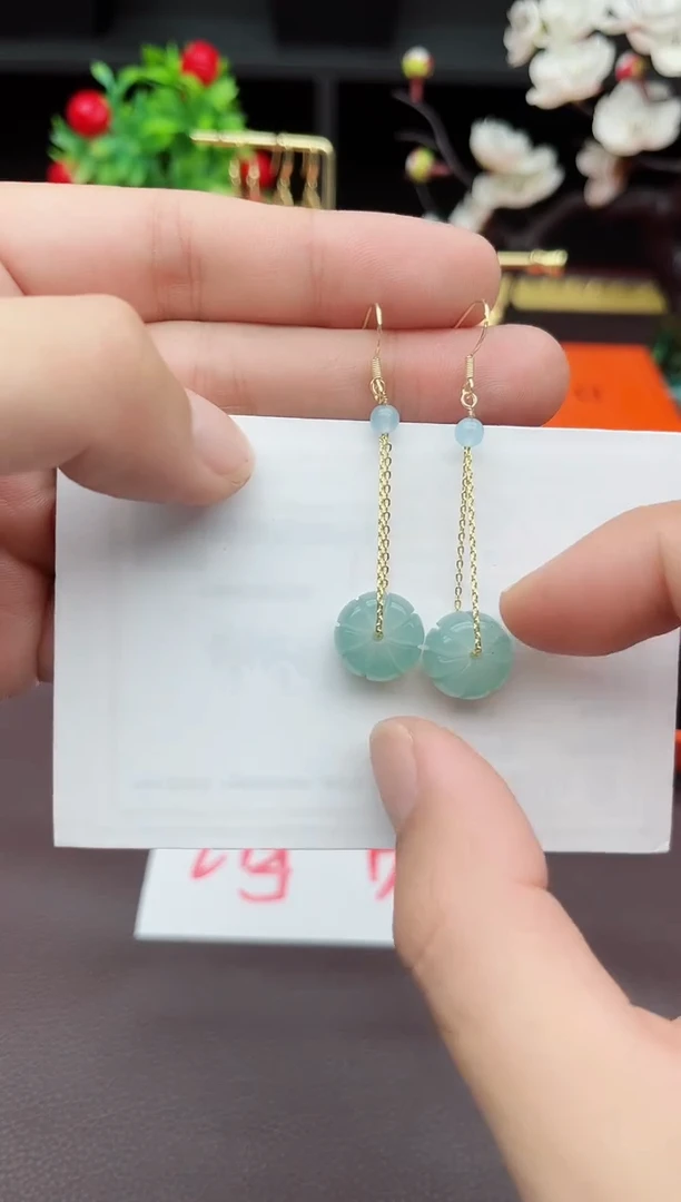 石英质玉（天山翠）银S925镶嵌耳饰F08