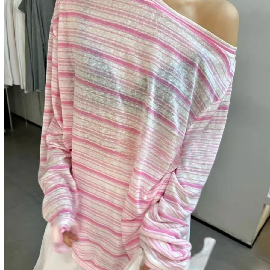 东room夏季新款韩版时尚简约条纹斜肩薄款长袖T恤女宽松慵懒休闲