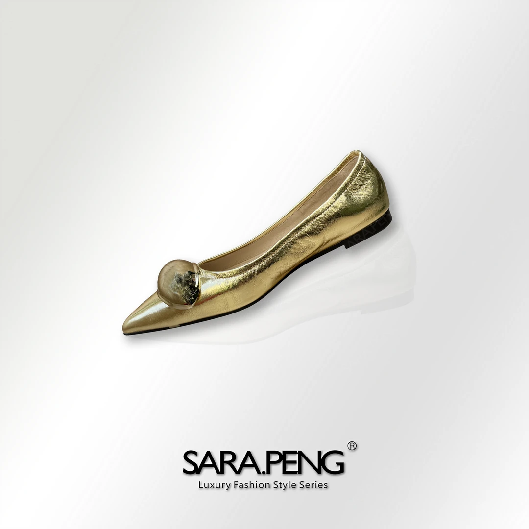 SARA.PENG金色女王/潮牌金色尖头浅口时尚真皮温柔百搭平底懒人鞋