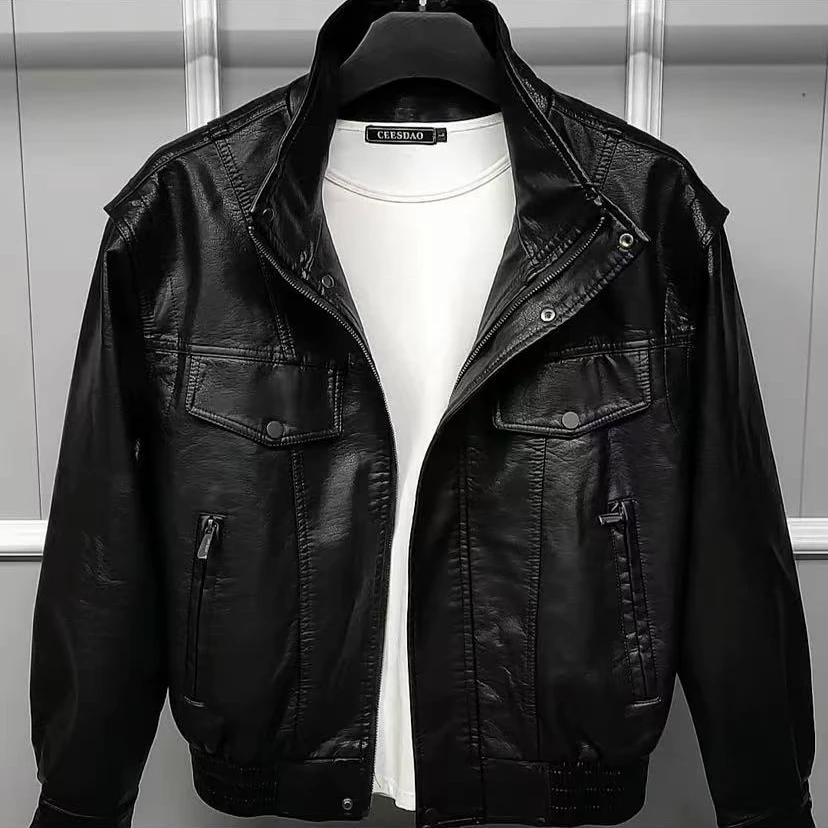 新款高品质男士立领休闲皮衣夹克