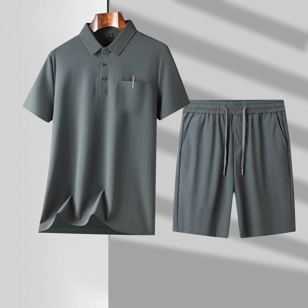 2025夏季新款POLOT恤冰丝薄款透气大码爸爸男士装弹力休闲套装