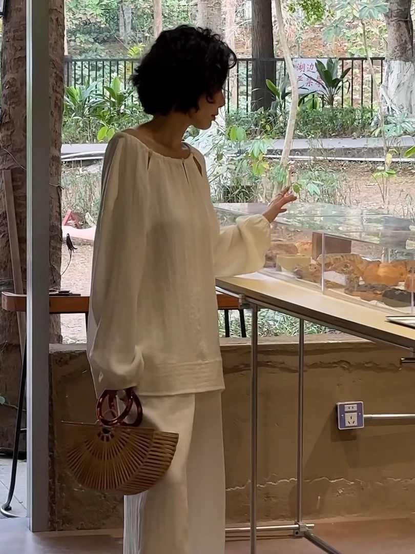 WUWU STUDIO【呼吸】新中式气质慵懒禅意高级镂空亚麻套装3010