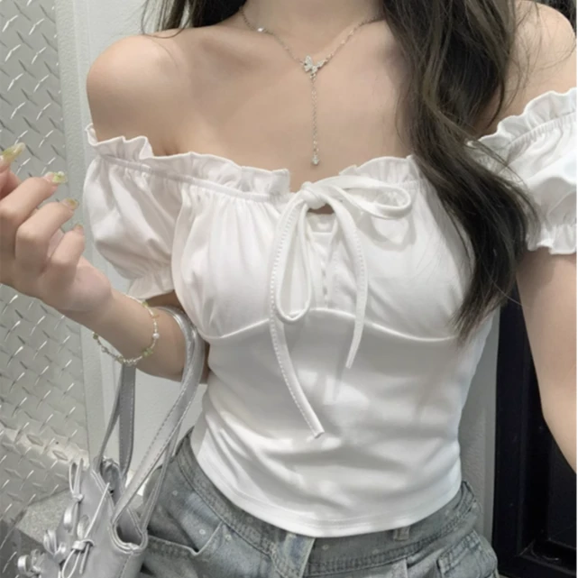 短款辣妹透气泡泡袖短袖纯色T恤女褶皱设计感白色甜美洋气显瘦