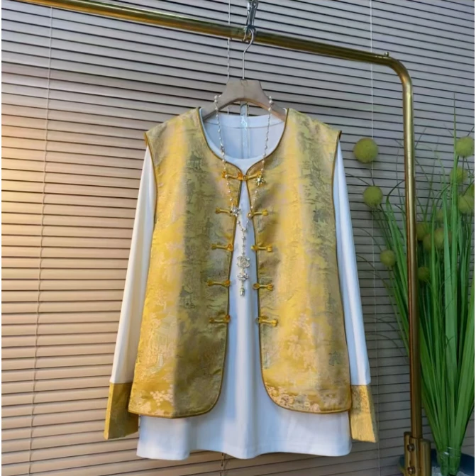 芃1323新中式国风盘扣提花马甲俩件套装民族风洋气秋冬复古爆款