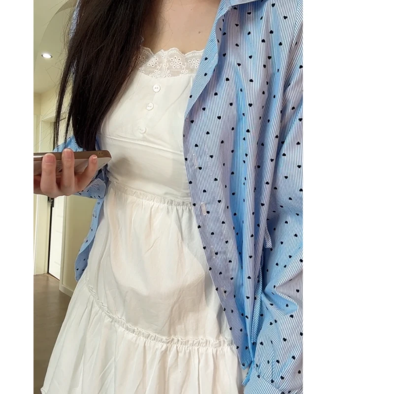 韩系氛围少女感彼得潘娃娃领减龄宽松植绒波点春夏蓝色衬衫上衣