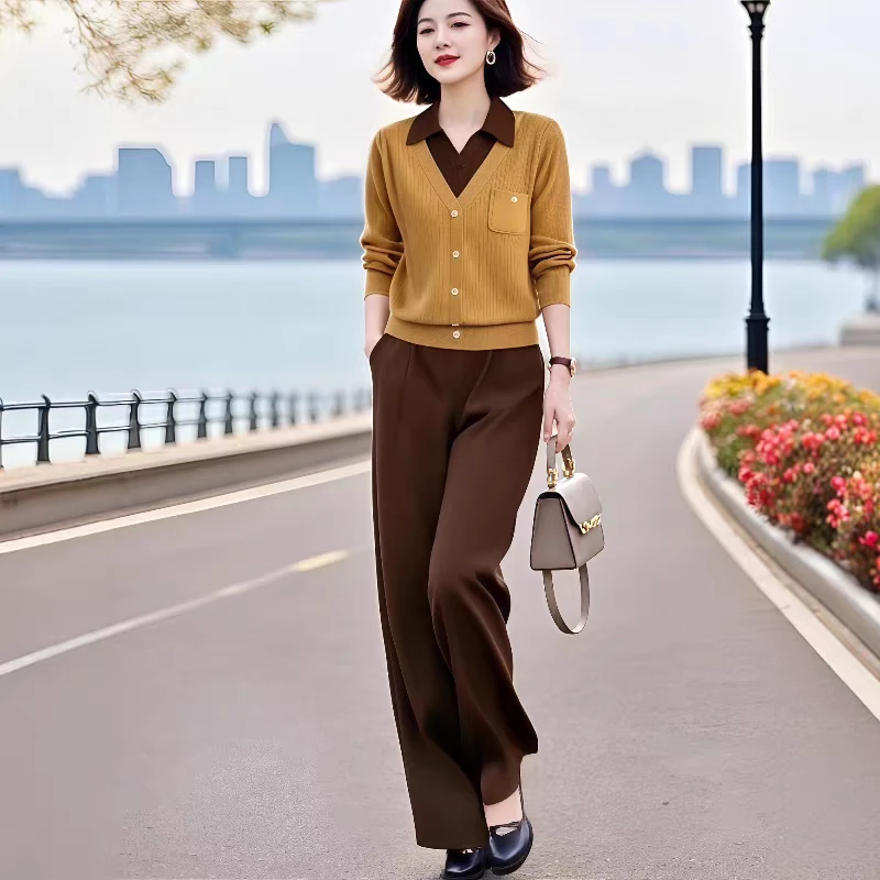 时尚女装轻熟妈妈装显瘦翻领假两件针织衫+半松紧腰长裤套装秋季