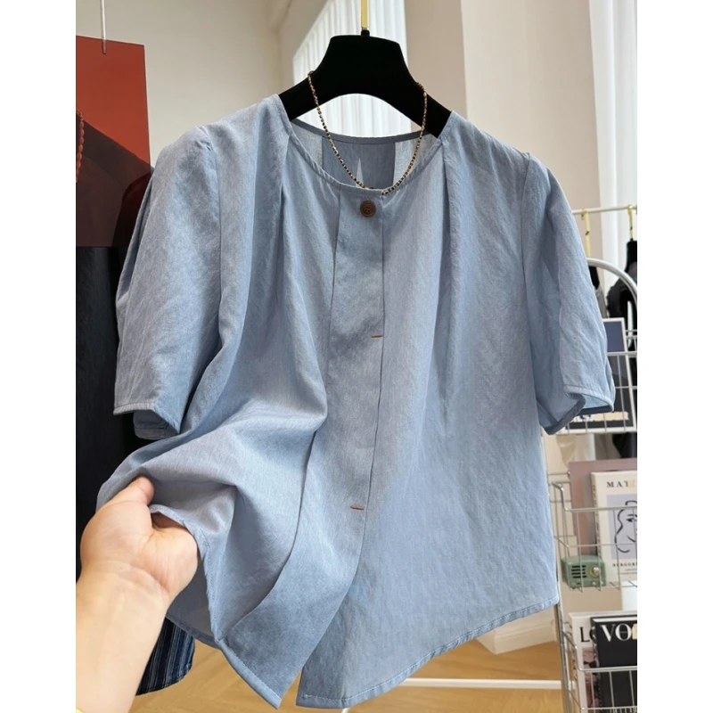 高级感别致圆领短袖衬衫女夏季薄款气质法式独特漂亮小衫雪纺上衣