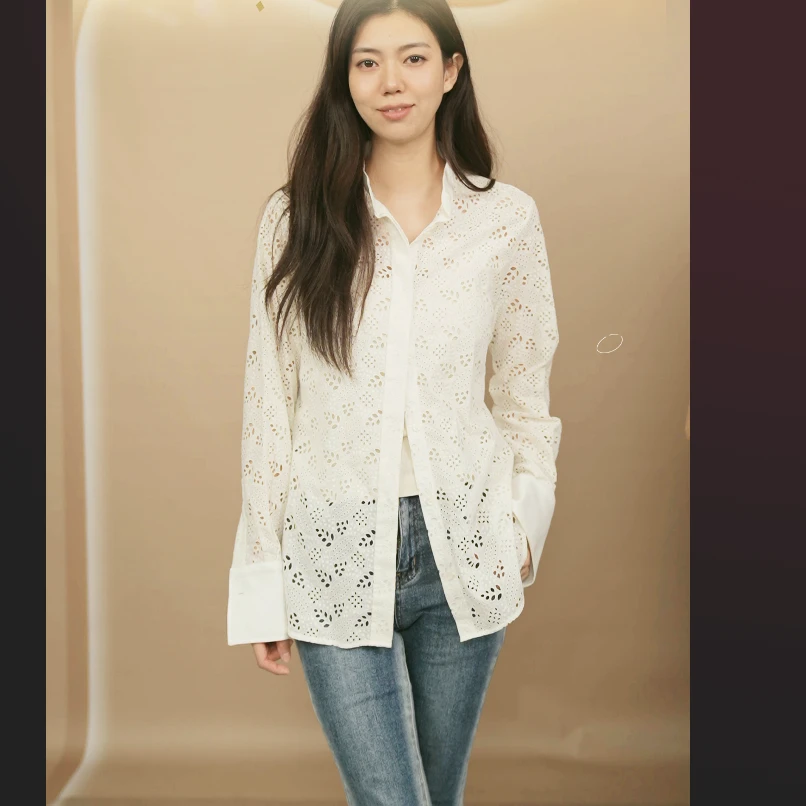 95新 Valentino/华伦天奴 镂空棉麻衬衫8码白/250910ZMPFY01