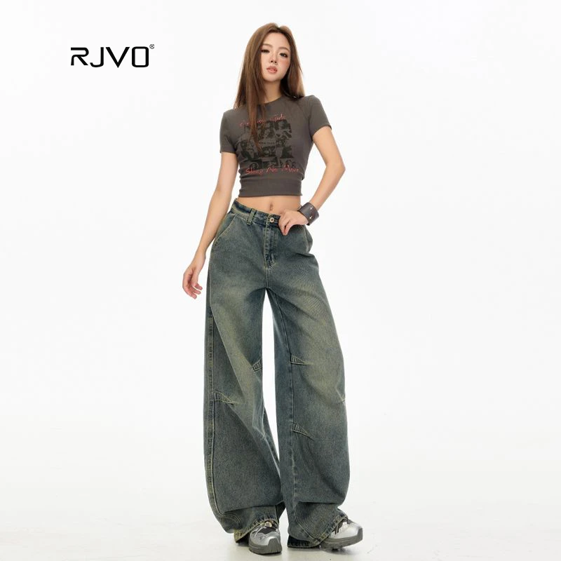 RJVO新款复古蓝小众解构设计直筒牛仔裤