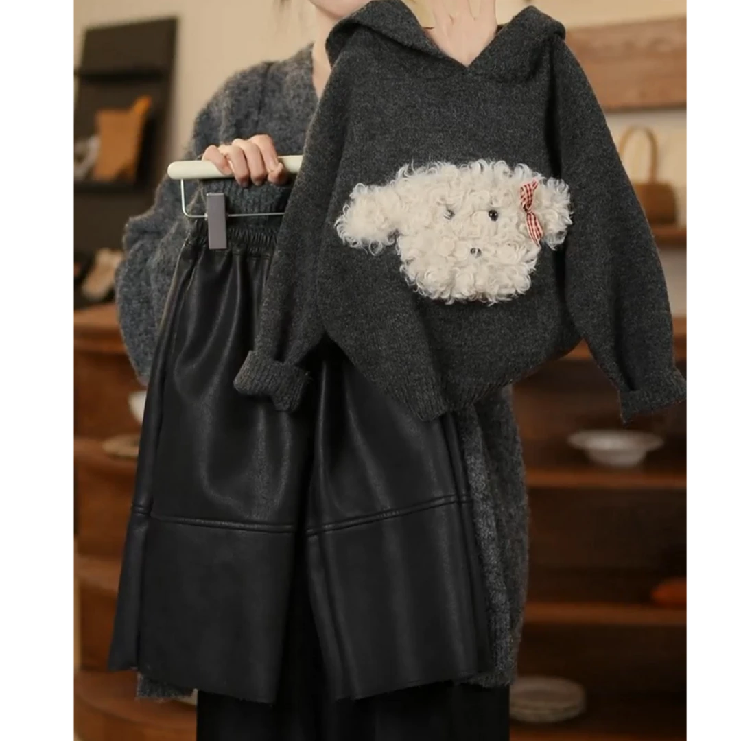 不加绒Z-KY045女童卷毛小狗连帽针织毛衣2025春新款百搭皮裤套装