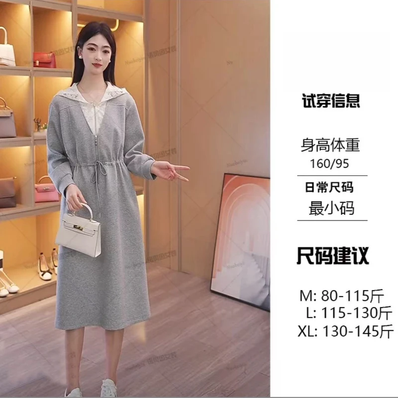 【现货】2025春季新款蕾丝拼接休闲气质连帽连衣裙宽松显瘦卫衣裙子