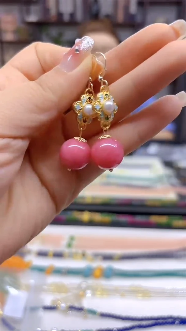 菱锰矿（红纹石）14K金镶嵌耳饰DIY款E798